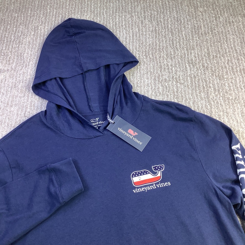 Vineyard Vines Mens LS Blank Hoodie T-Shirt Deep Bay Patriotic Whale M NWT